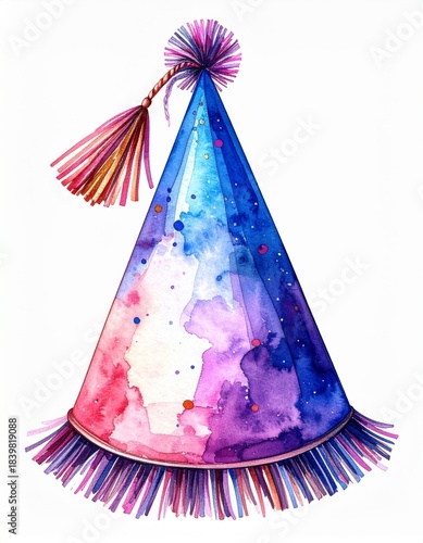 Watercolor Party Hat with Pom Pom and Tassels on a White Background