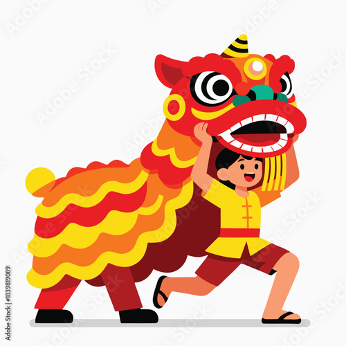 Cute Kid Performing Lion Dance Illustration