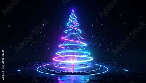 Abstract Neon Christmas Tree Illuminated Against Dark Background with Floating Particles
