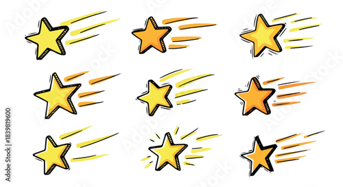Yellow stars with motion lines with transparent background