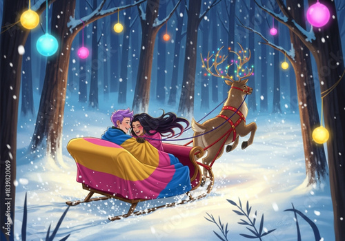 Enchanting Winter Ride: A Couples Sleigh Journey Through a Snowy Forest.