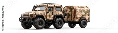 Trailer Vehicle Utility concept. Military vehicle with a camouflaged design and trailer attachment.