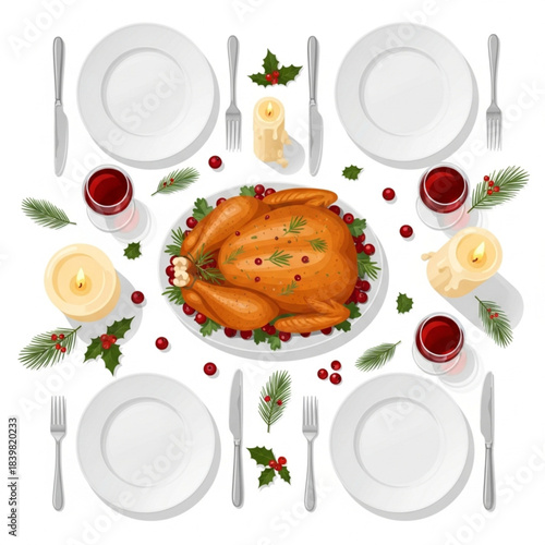 Festive Thanksgiving Table Setting with Roasted Turkey and Decorations.