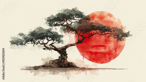 A serene watercolor depiction of a bonsai tree set against a large red sun, evoking tranquility and nature's beauty.