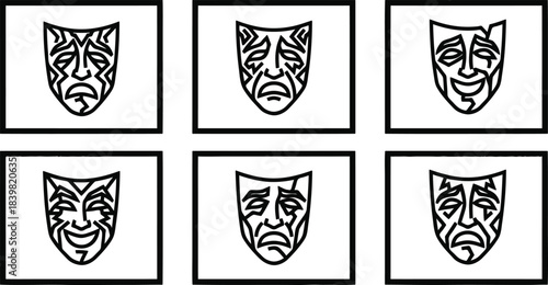 Set of Six Emotional Mask Illustrations for Theater