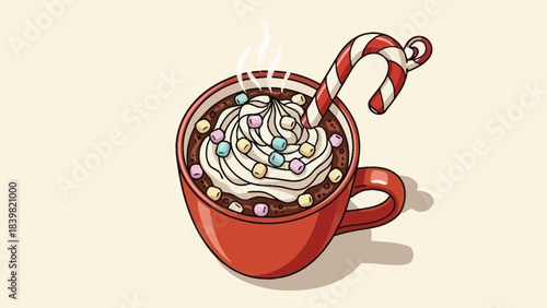 Hot Chocolate Festive Delight: An inviting cup of steaming hot chocolate with a swirl of whipped cream, candy cane. A festive indulgence capturing the warmth and sweetness of the season.