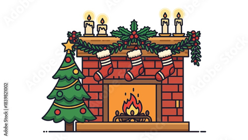 Cozy Christmas: A heartwarming scene unfolds, as a Christmas tree adorned with ornaments stands beside a traditional fireplace, decked with stockings and lit candles.