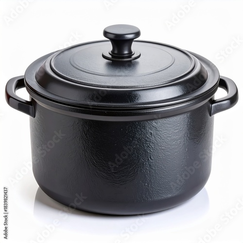 Black Enamel Cooking Pot with Lid Isolated on White Background