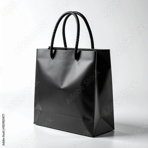 Elegant Black Shopping Bag with Rope Handles on White Background