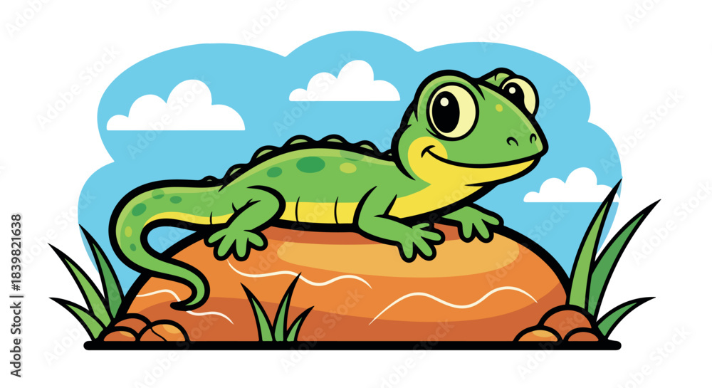 Naklejka premium Green lizard on rock with cloudy sky background