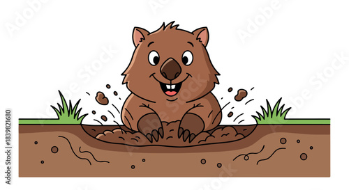 Wombat digging in dirt with playful expression