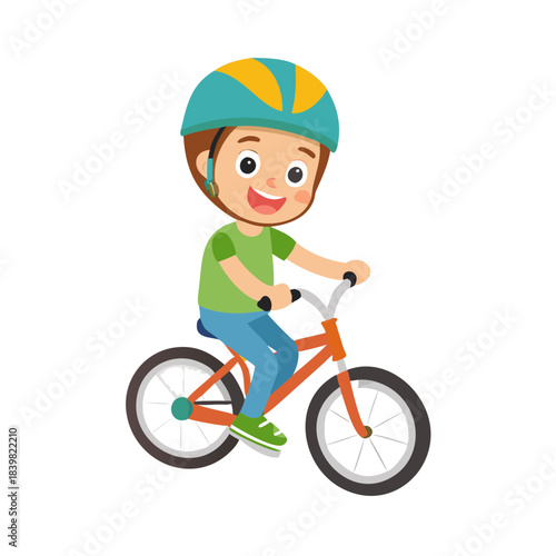 Happy little boy in helmet riding bicycle