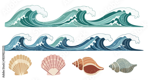 Ocean waves and seashells collection with transparent background