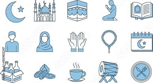 Ramadan and Islamic Religious Icons Set: Including Prayer, Mosque, Calendar, Fasting, Kaaba, and Muslim Culture Vector Line Art Collection.v
