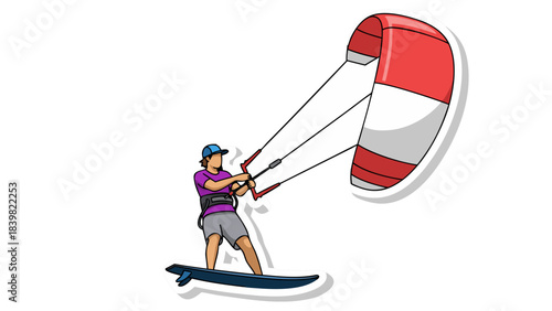 Person Kiteboarding with Red and White Kite on Surfboard Performing Water Sport on Black Background Isolated