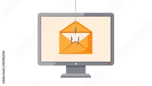 Phishing Hook Reaching For Envelope Icon On Computer Monitor Screen Representing Cyber Security Threat And Online Scam Danger