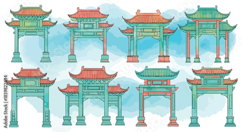 Chinese traditional gate archways in teal and coral colors