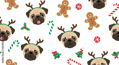 Cute pugs wearing reindeer antlers, gingerbread men, candy canes, holly, and Christmas trees create a fun, festive seamless holiday pattern.