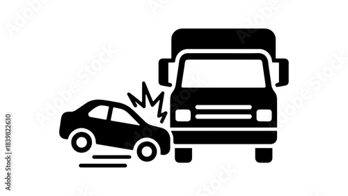 illustration of a car crashing into a truck, symbolizing road accidents, vehicle collision, transport safety risks, insurance claims, and traffic hazards.