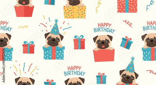 Delightful seamless pattern with cute cartoon pugs celebrating birthdays, emerging from gift boxes, wearing party hats, and surrounded by party elements.