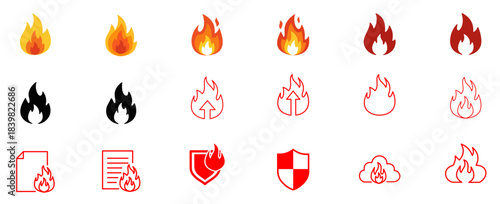 Fire Icon Set – Flame, Danger, Alert, Security, Burning, Heat Symbol Vector Pack