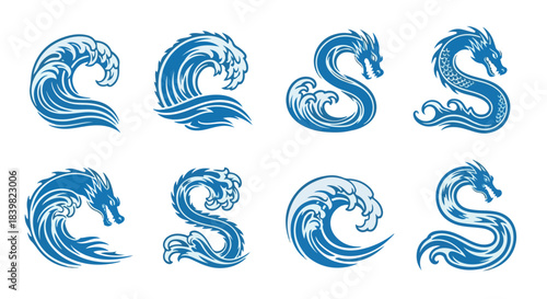 Dragon stylized letter S shapes with transparent background