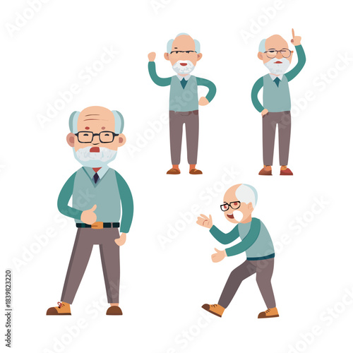 Grandpa character set in poses for animation.Flat vector illustration.