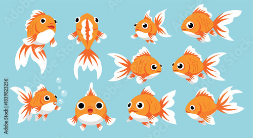 Orange goldfish swimming in various poses