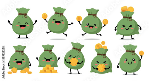 Happy money bags with coins and dollar signs