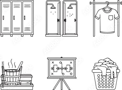 Illustrations of gym facilities and sports equipment