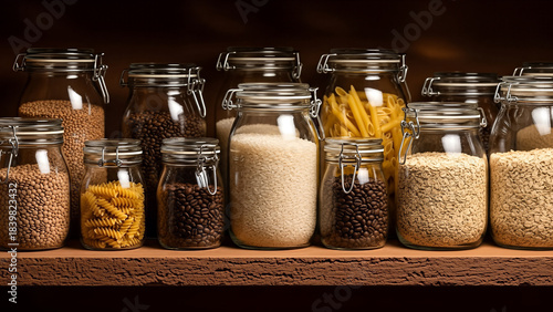 Assortment of glass jars filled with various dry goods and food items on a wooden shelf.
