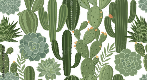 A vibrant seamless pattern showcasing a diverse collection of green desert cacti and succulents on a clean white background, perfect for botanical themes.