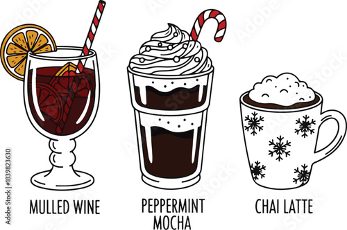 Holiday Drinks Illustration Set Including Mulled Wine Peppermint Mocha Chai Latte