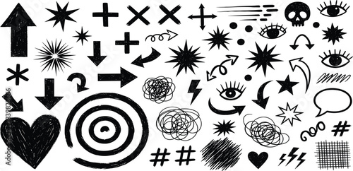 Various Hand-drawn Whimsical Doodle Elements and Symbols on a Black Background