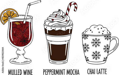 Illustrated Holiday Drinks Including Mulled Wine Peppermint Mocha Chai Latte