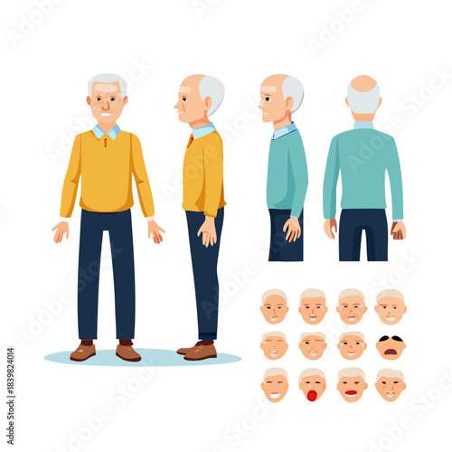 Elderly man character constructor for animation. Front, side and back view set. Body parts, postures, poses collection. Vector illustration.