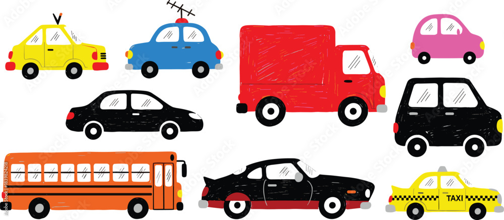 Fototapeta premium Vibrant hand-drawn assortment of essential city vehicles and public transport illustration