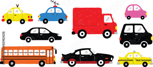 Vibrant hand-drawn assortment of essential city vehicles and public transport illustration
