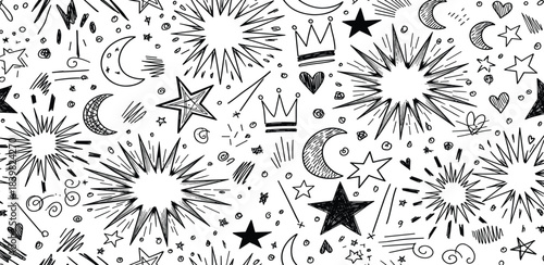 Playful hand-drawn seamless doodle pattern with stars, moons, crowns, and comic-style bursts in monochrome, perfect for whimsical backgrounds and creative designs