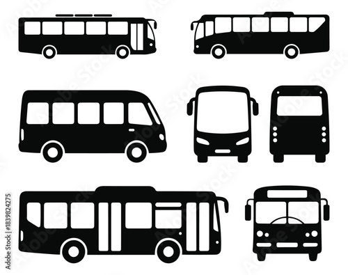 Black bus silhouette set featuring various city and coach bus icons for transport and vehicle design use.