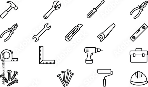 Construction tools line icon set, hammer wrench screwdriver pliers drill safety equipment symbols, repair workshop outline vector collection for builders