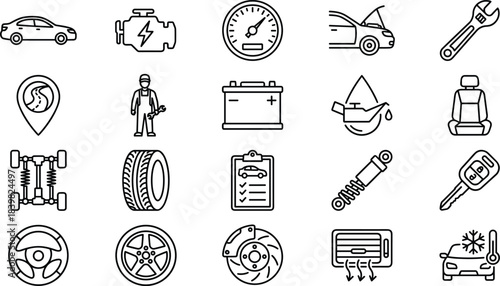 Automotive service line icon set, car repair maintenance symbols, engine battery tire tools dashboard speedometer outline vector collection for design
