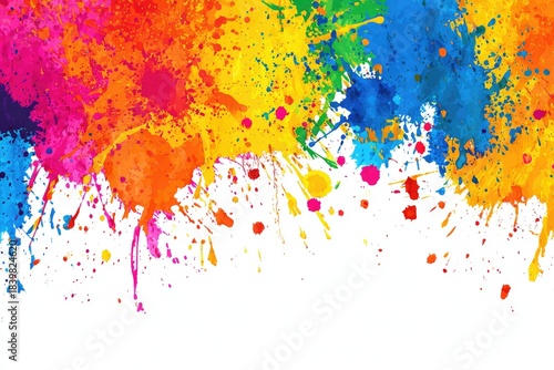 Vibrant splash of colorful paint splotches & splatters across a white space