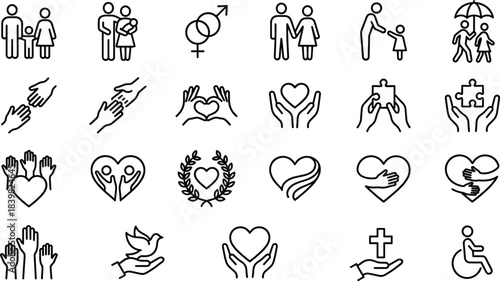 Human care and support icon set, charity love family protection, helping hands, diversity community symbols, line style vector illustration collection