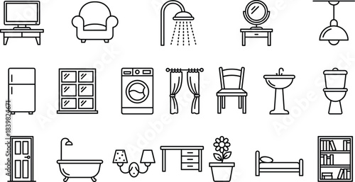 Home interior line icon set, furniture bathroom kitchen living room objects, house equipment outline vector collection for web design