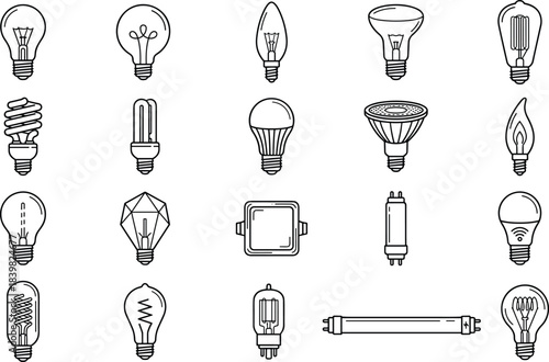 Light bulb line icon set, LED halogen filament energy saving lamp types, electric lighting outline vector collection for design projects