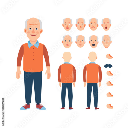 Elderly Man Character Animation Kit – Front Side Back View, Body Parts and Poses Vector AI EPS PNG JPEG
