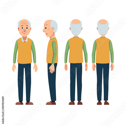 Elderly Man Character Animation Kit – Front Side Back View, Body Parts and Poses Vector AI EPS PNG JPEG
