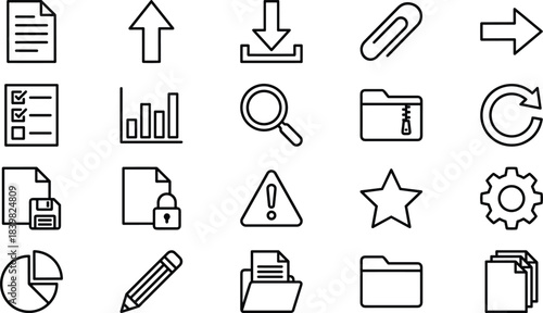 Office file management line icon set, document upload download symbols, folder search chart checklist security star settings outline vector collection