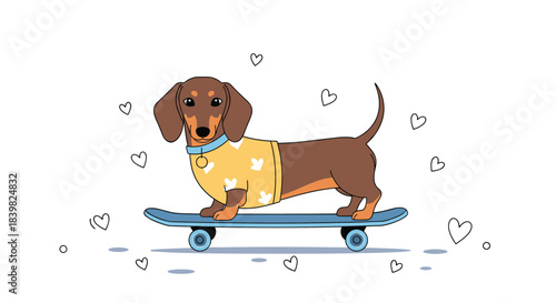A charming brown and tan dachshund dog wearing a yellow sweater with paw prints stands on a blue skateboard, surrounded by whimsical hearts.